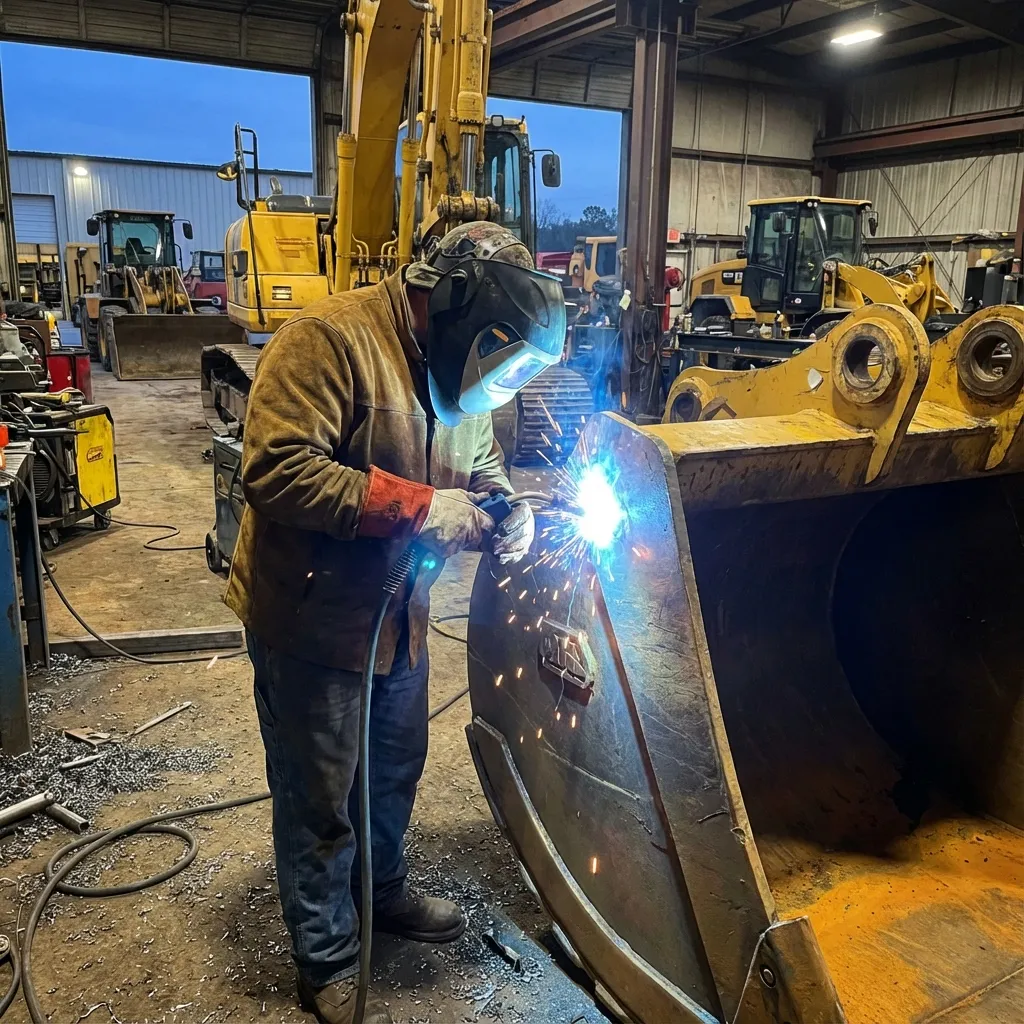 Técnico soldando el chasis de un bulldozer